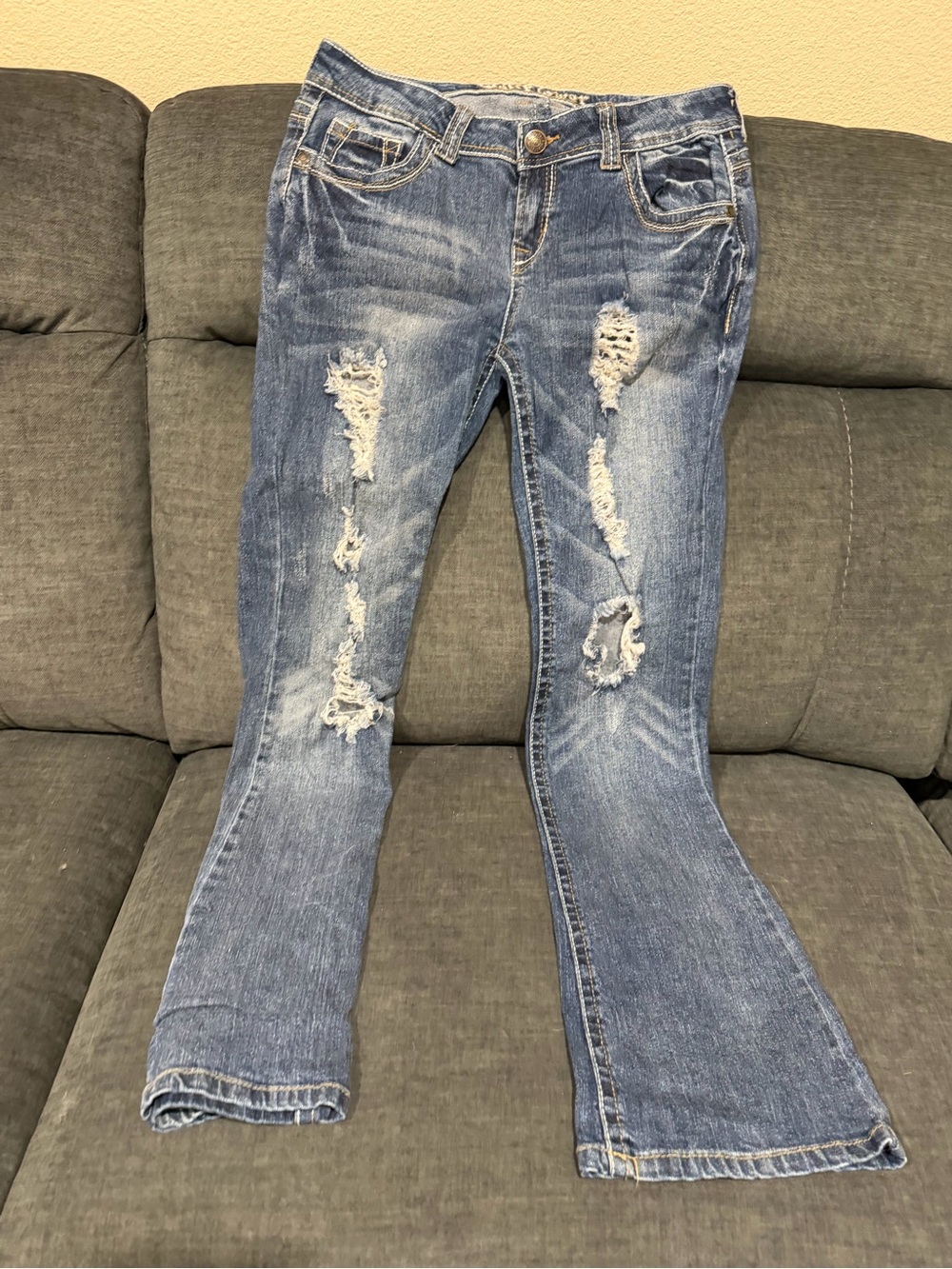 Wallflower Women's Light Blue Distressed Flare Jeans - Wide Leg
